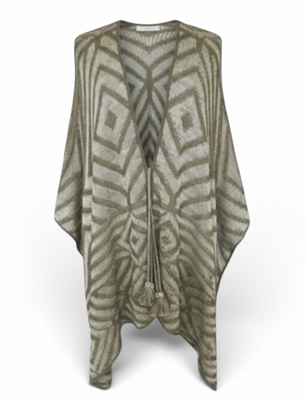 Calypso St. Barth Beige and Olive Green Geometric Alpaca Silk Knit Poncho Cape
